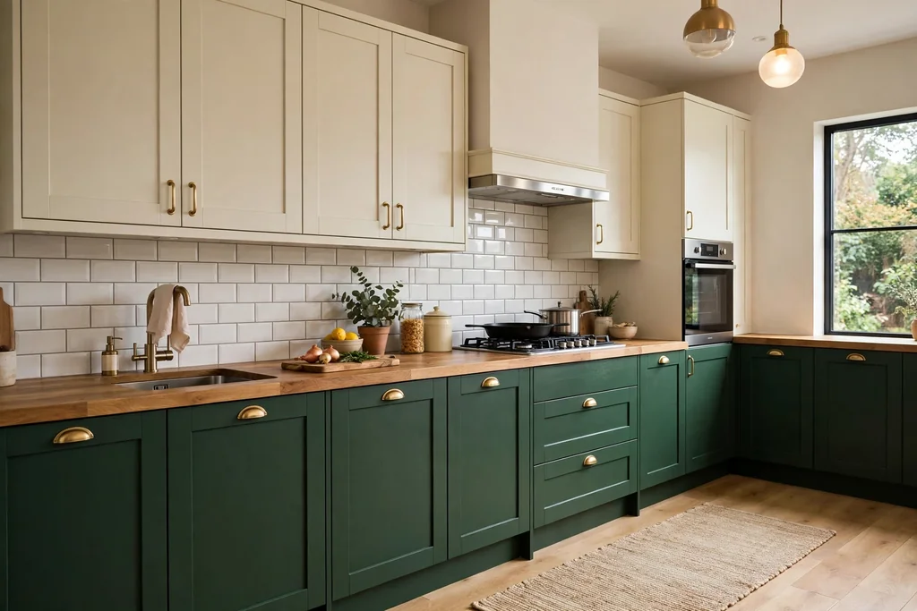 Kitchen with deep green lower cabinets and cream upper cabinets.