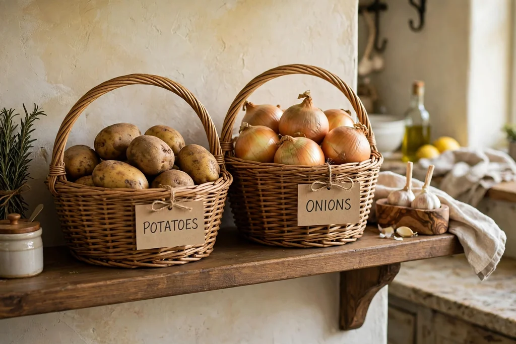 Wicker baskets of potatoes and onions on a kitchen shelf.
