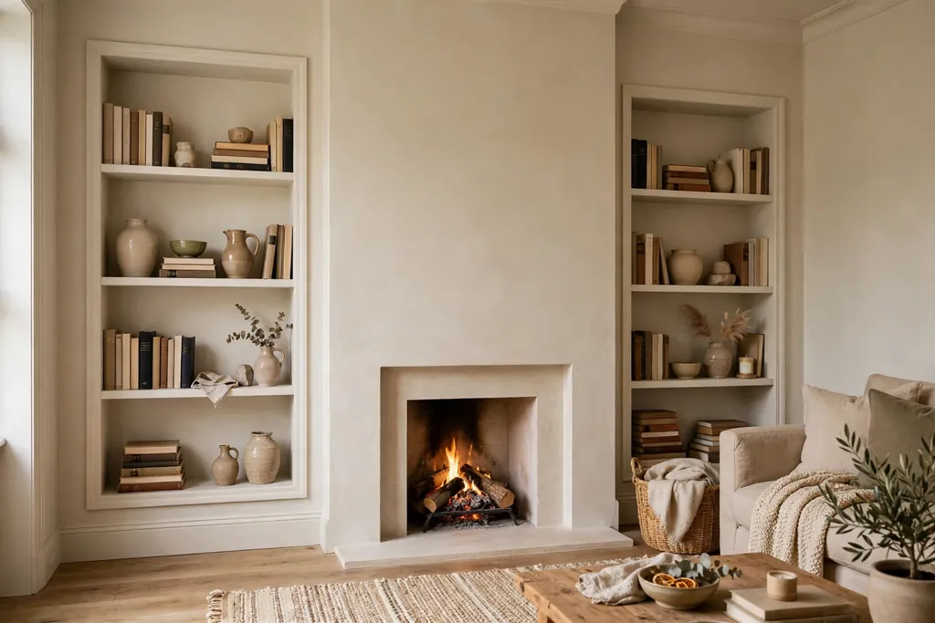 Built-in alcove shelves beside a fireplace holding books and ceramics.