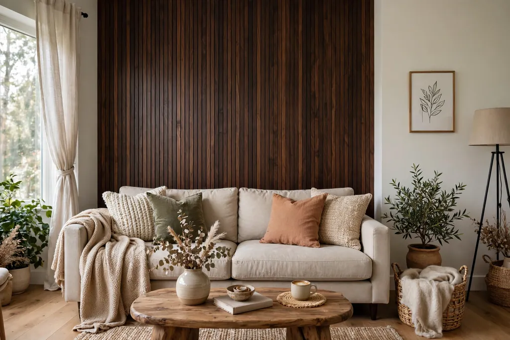 Living room with a dark wood panelled feature wall behind a sofa.