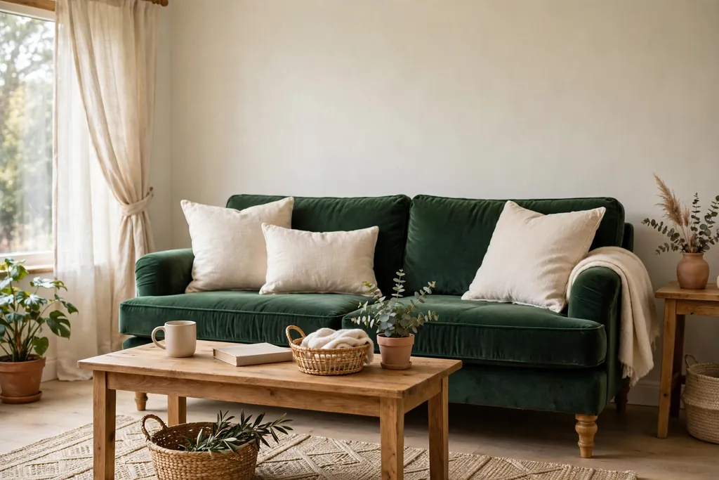 Deep green sofa with wooden legs and cream cushions.