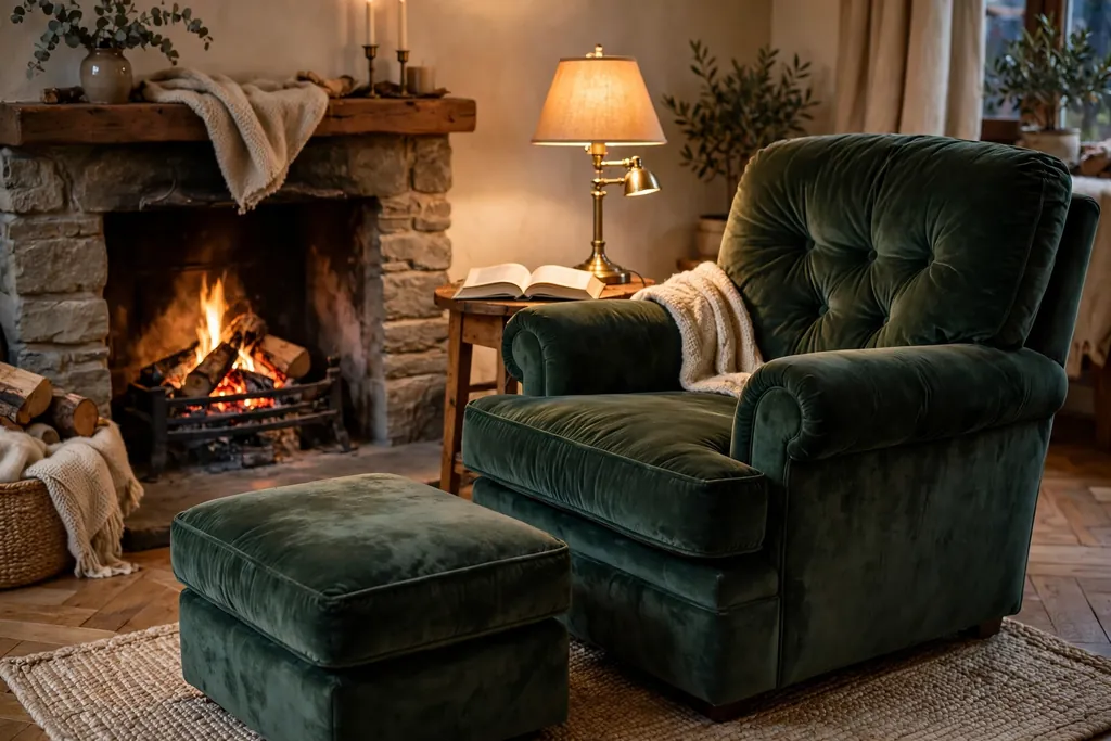 Deep fireside armchair with a footstool beside a side table and lamp.