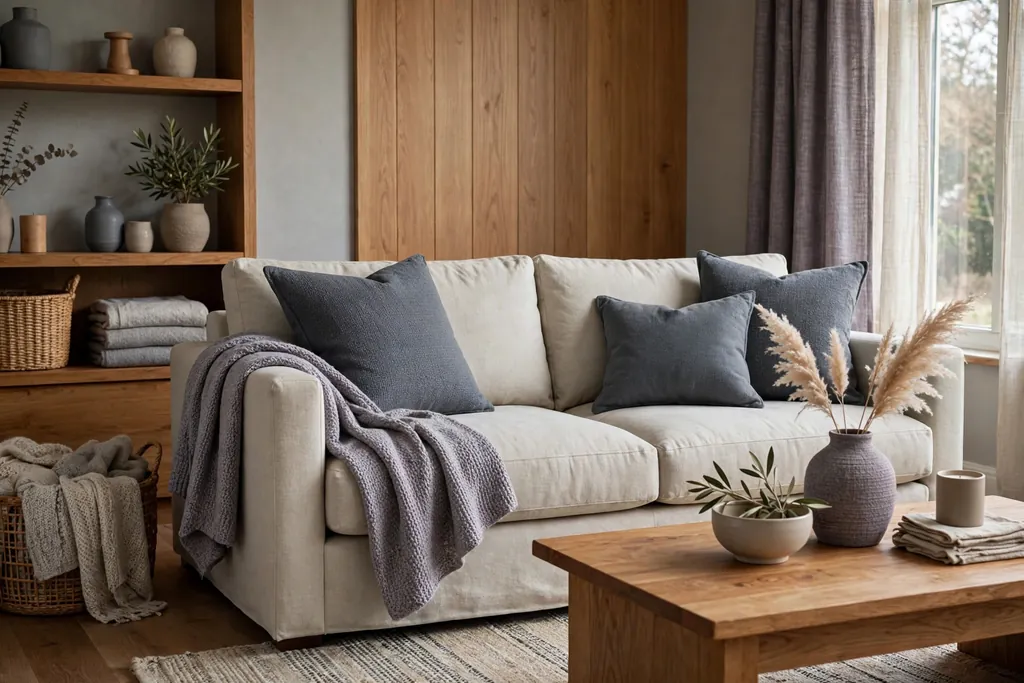 Living room in heather, slate, and oatmeal tones with a pale sofa.