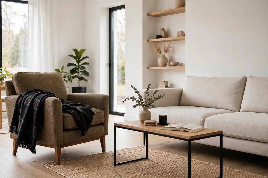Living room pairing a tweed chair and tartan throw with a plain modern sofa.