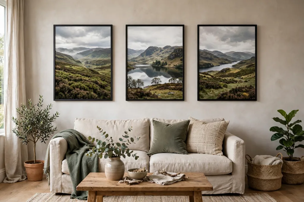 Living room wall with framed Highland landscape prints above a sofa.