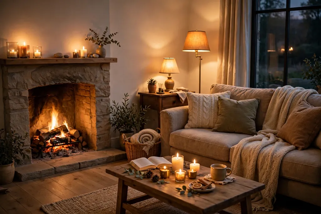 Living room in the evening with warm light from a floor lamp and a table lamp.