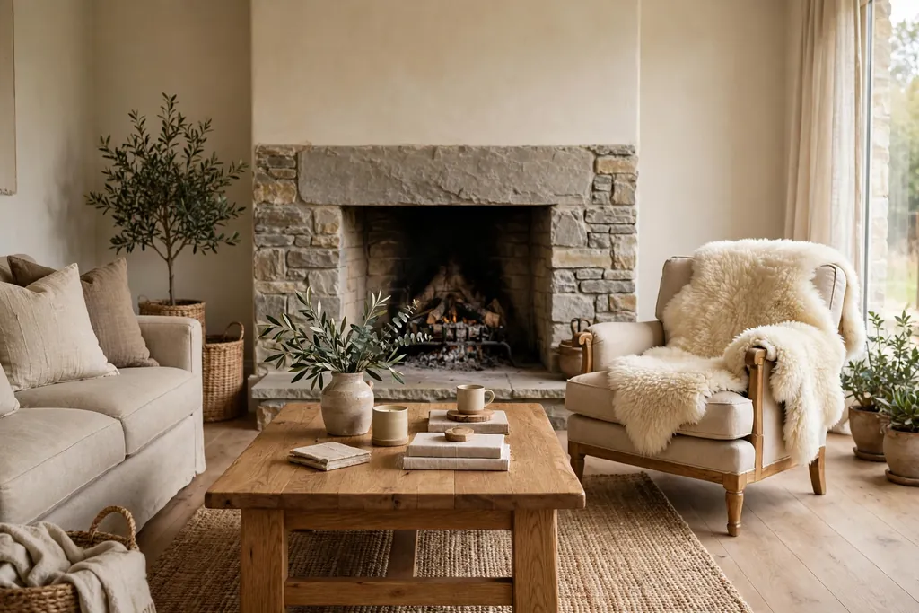 Living room with an oak coffee table, a stone hearth, and a sheepskin over a chair.