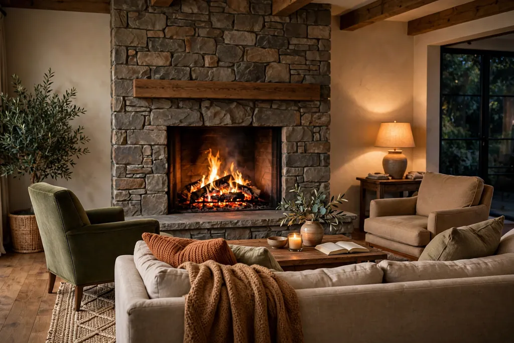 Living room with a stone fireplace and seating arranged around it.