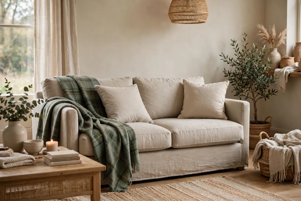 Plain oatmeal sofa with a muted green tartan throw draped over one arm.