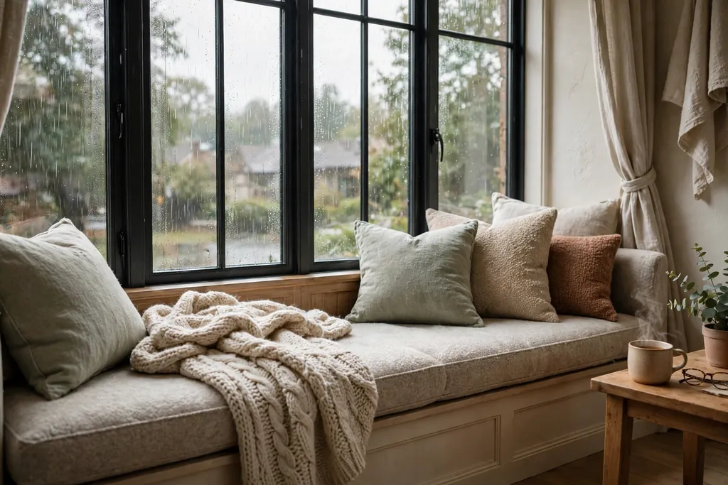 Window seat with a thick cushion, wool throw, and cushions beside a large window.