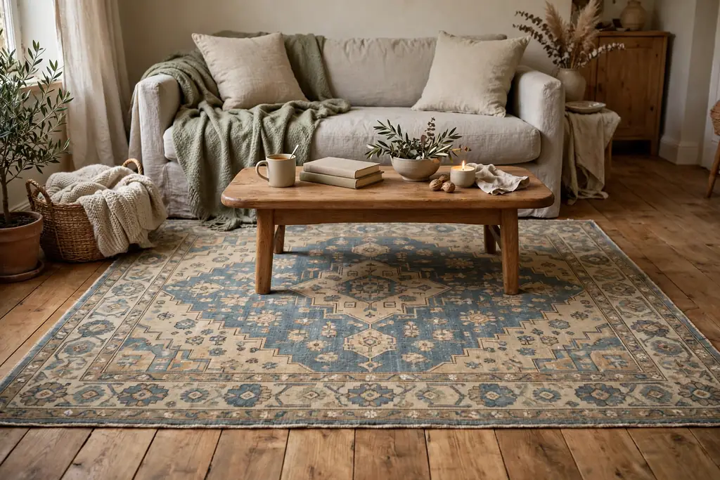 Patterned wool rug over a wooden floor under a sofa and coffee table.
