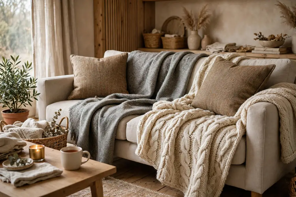 Sofa layered with a wool throw, tweed cushions, and a chunky knit blanket.
