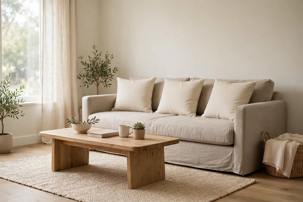Calm living room with a neutral sofa, plain cushions, and a wood coffee table as a year-round base.