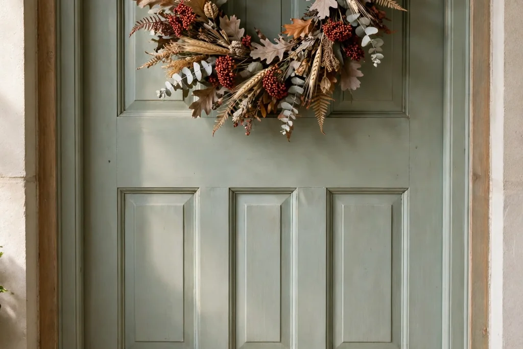 Front door hung with a seasonal wreath of dried leaves and berries.