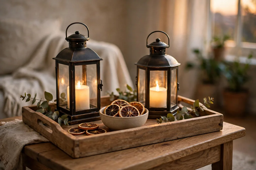 Tray with lanterns, battery candles, and dried orange slices on a side table.