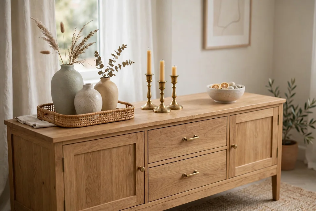 Sideboard styled with a tray of vases, candle holders, and a small bowl.