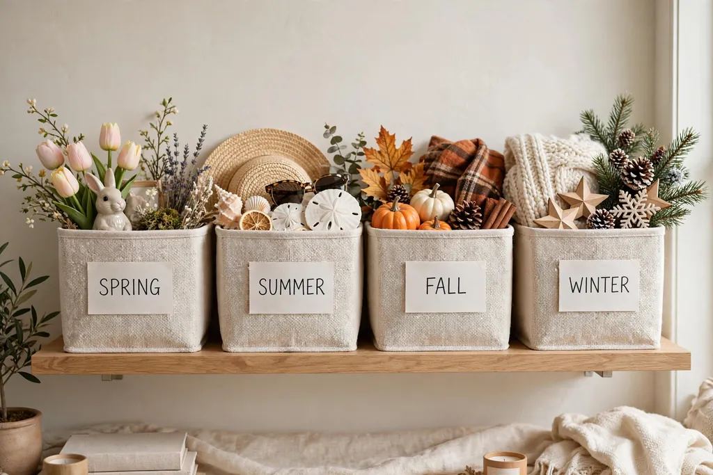 Shelf with labeled storage bins for spring, summer, fall, and winter decor.