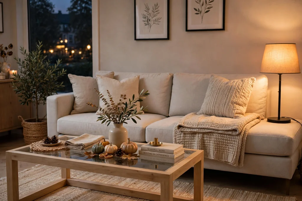 Tidy living room ready for guests with seasonal touches and warm evening light.