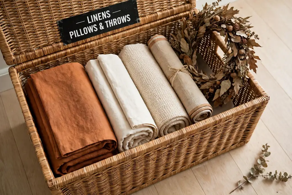 Open labeled storage bin holding folded pillow covers, a throw, a table runner, and a wreath.