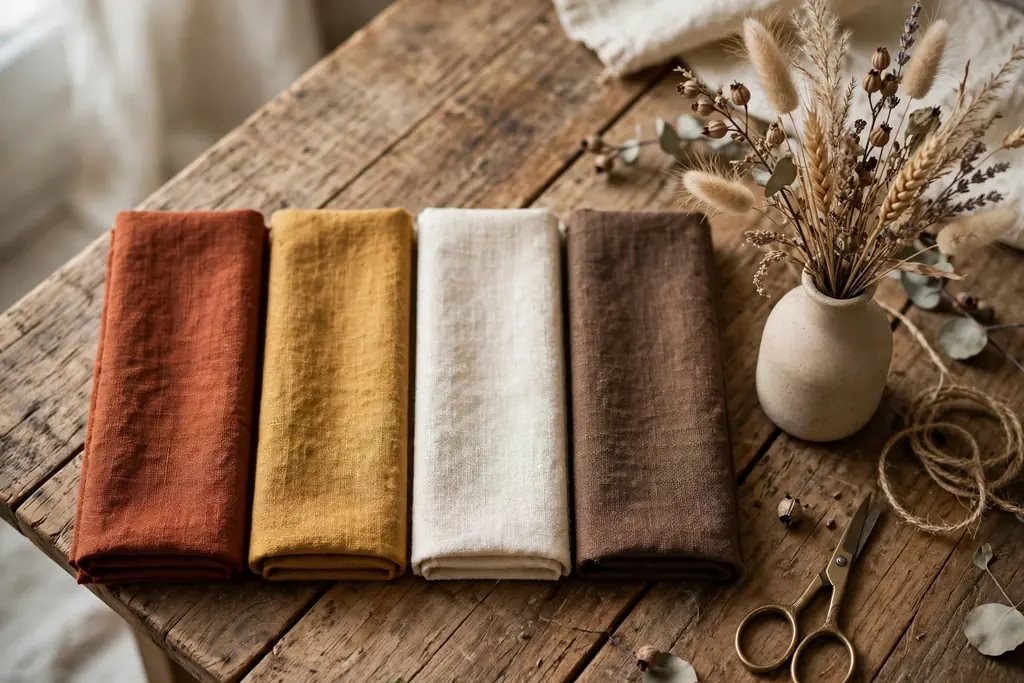 Fabric swatches in rust, gold, cream, and brown on a table beside a small vase of dried stems.