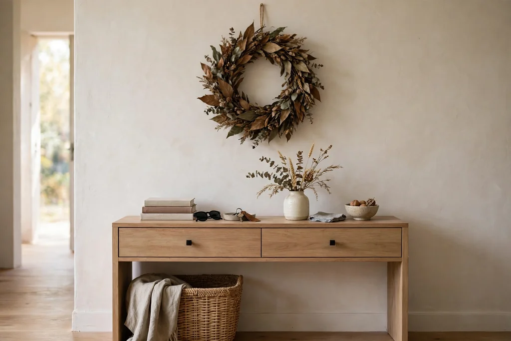 Entryway console with a seasonal wreath above it, a basket below, and a small vase of stems.