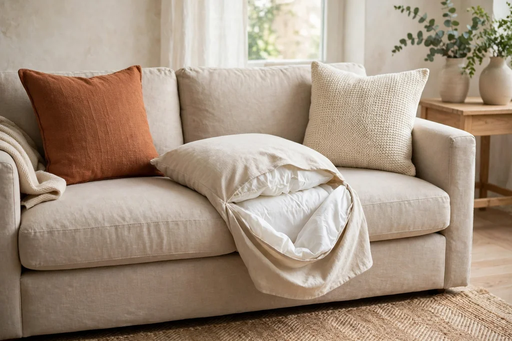 Neutral sofa with rust and cream pillow covers and one cover half slipped onto an insert.