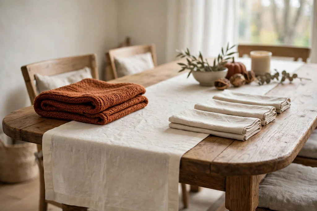 Dining table with a folded seasonal throw, a table runner, and folded linen napkins.