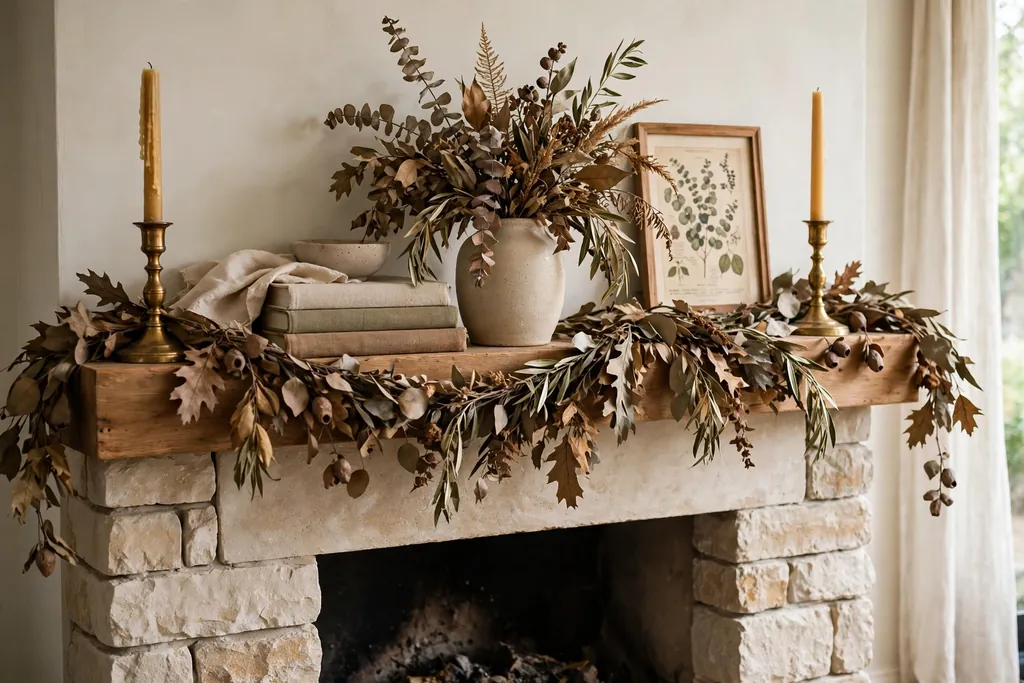 Mantel styled in layers with a garland, candle holders, a vase, and a small framed print.