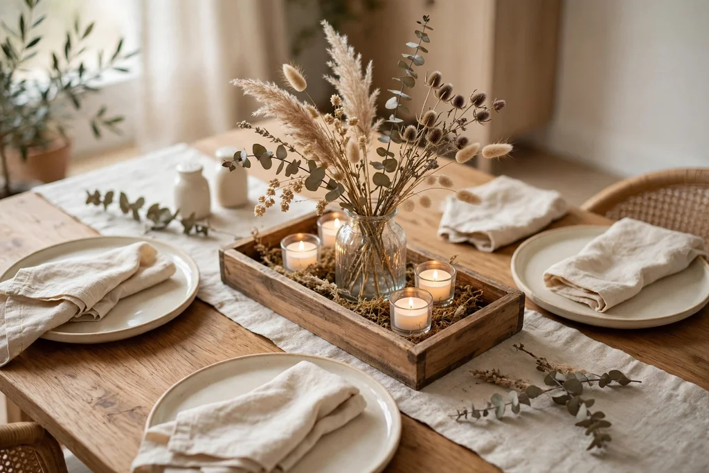 Dining table with a low centerpiece tray holding a vase of stems and battery candles.