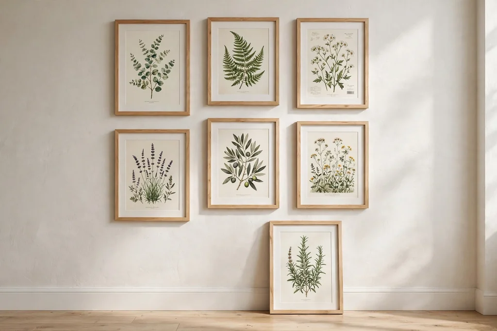 Gallery wall with botanical prints in plain wood frames and one print leaning below.