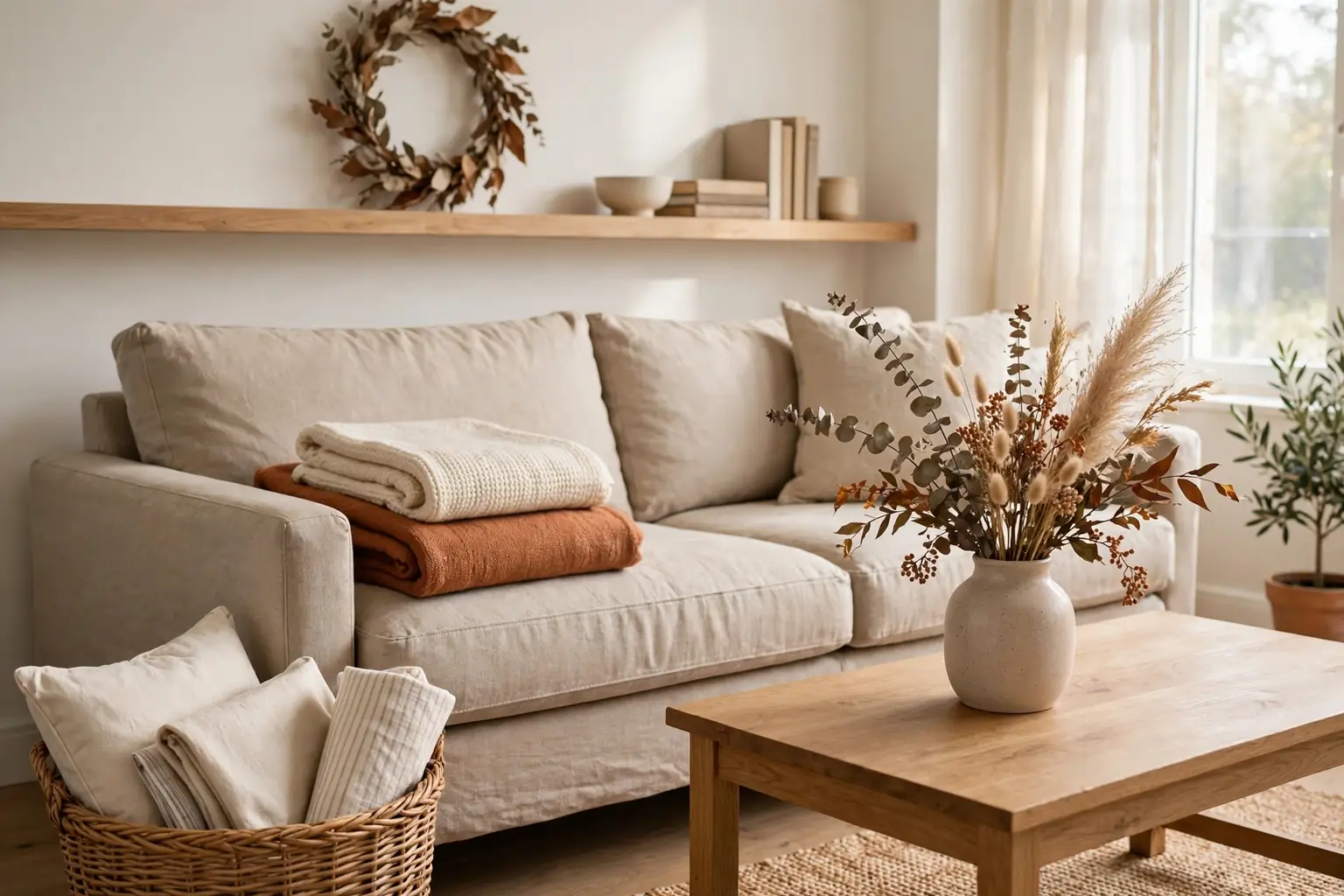 Bright living room with a neutral sofa, folded throws, a basket of pillow covers, and a vase of seasonal stems on the coffee table.