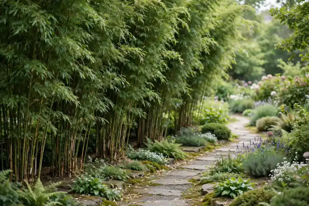Garden path screened by tall clump forming bamboo.