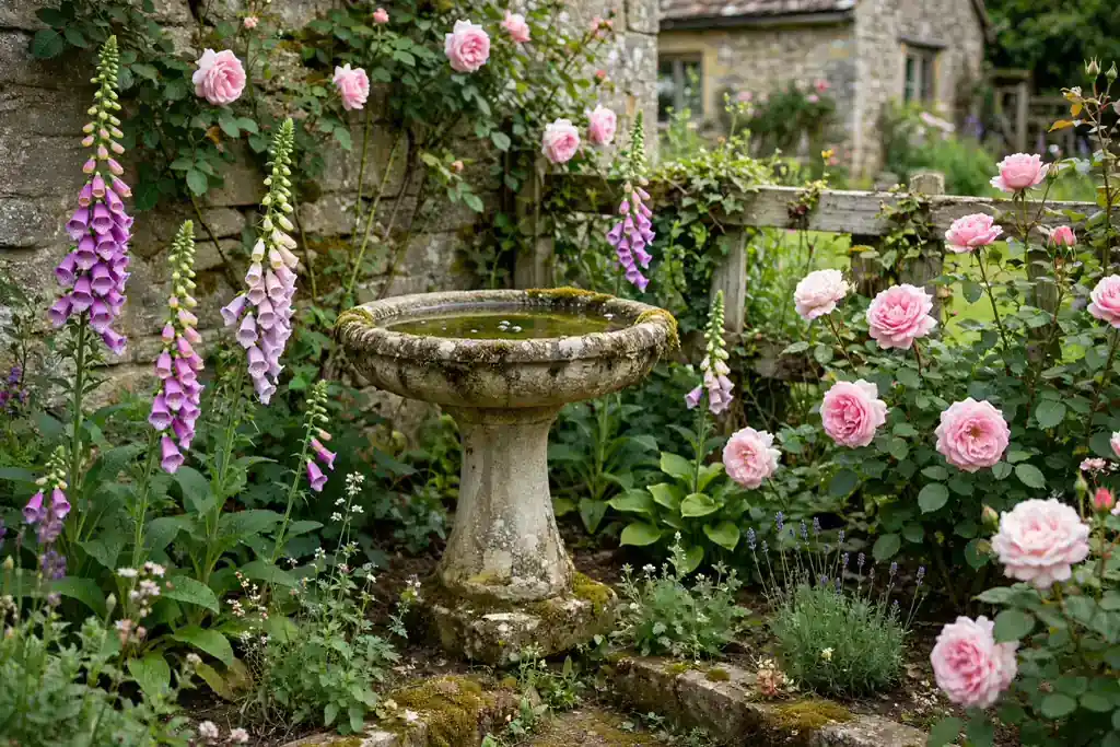 Cottage garden corner with a stone bird bath, roses, and foxgloves.