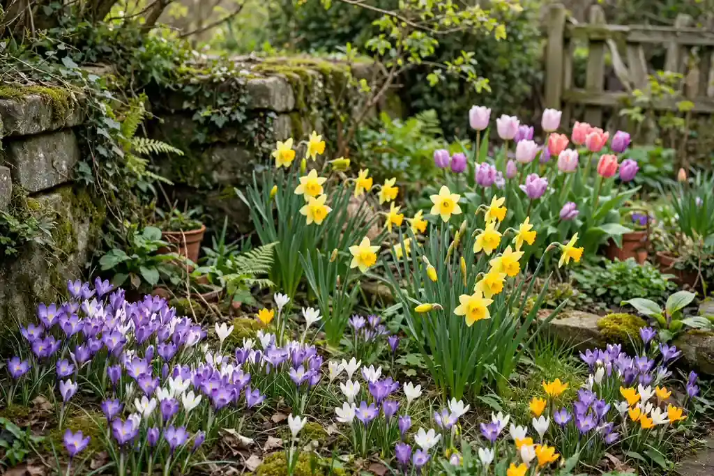 Spring bulb corner with drifts of daffodils, tulips, and crocus.