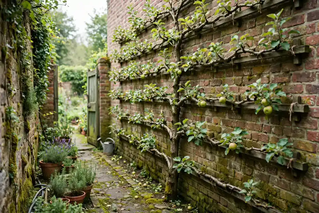 Espalier fruit tree trained flat against a wall in a side passage.