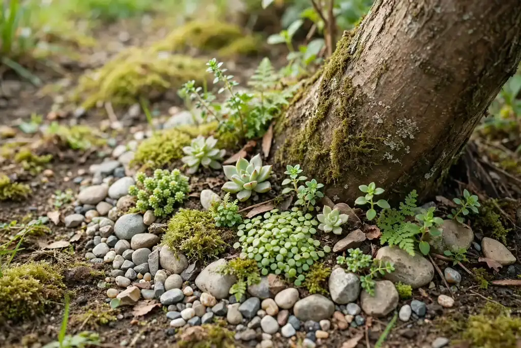 Tiny garden corner with miniature plants, pebbles, and small stones at a tree base.