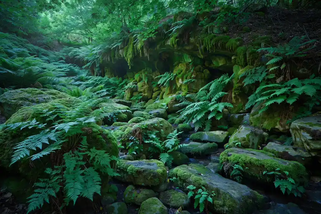 Shaded fern grotto with mossy stones and layered ferns under trees.