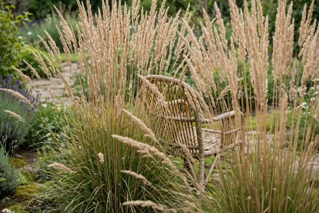 Outdoor chair hidden behind tall ornamental grasses.