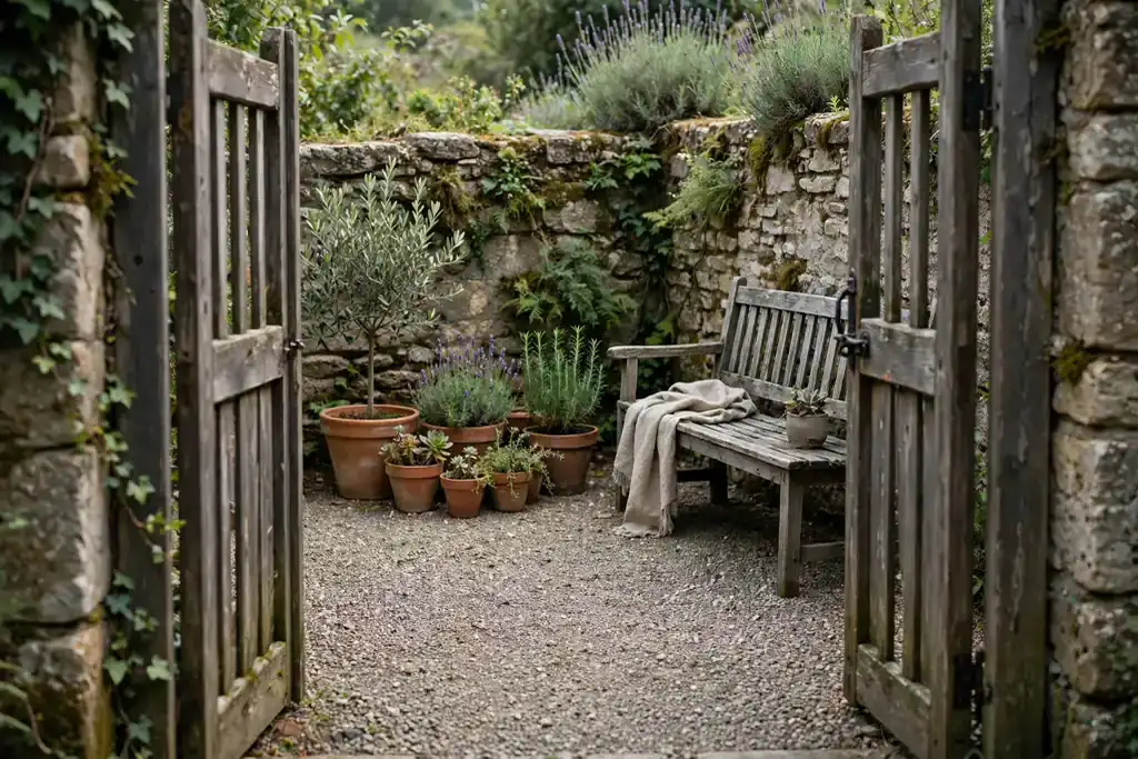 Small gravel courtyard behind a gate with a bench and pots.