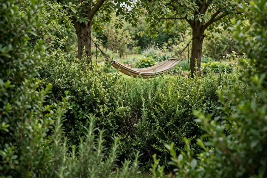 Hammock hung between trees behind a shrub screen.