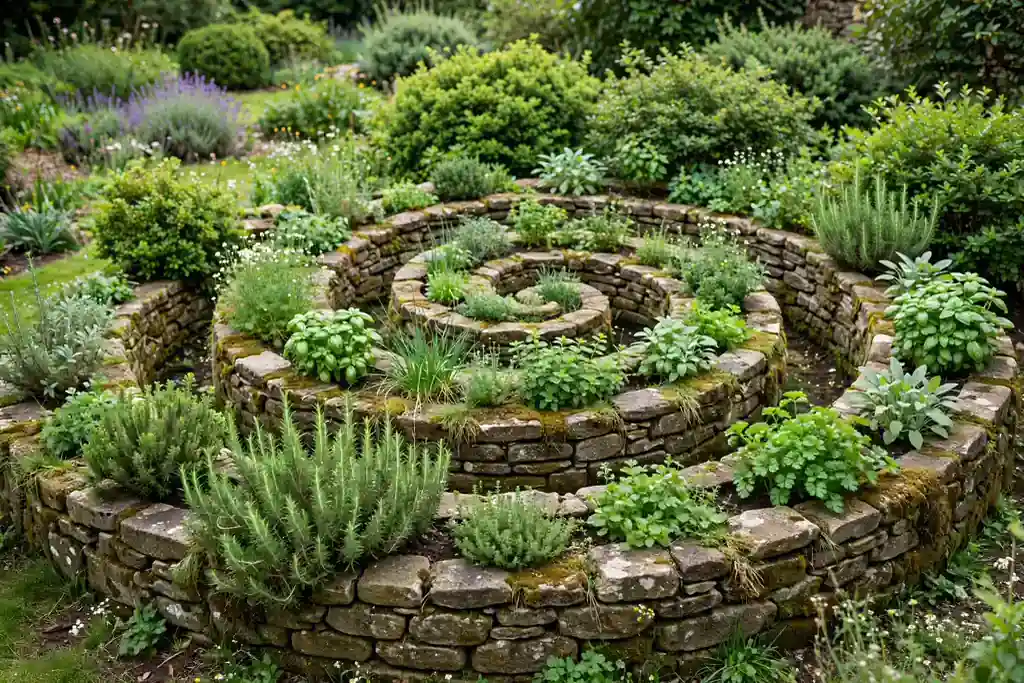 Stone herb spiral with tiers of herbs tucked behind shrubs.