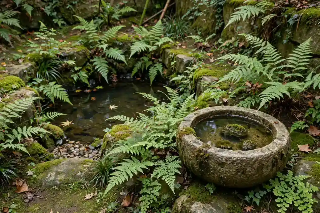 Small hidden pond with a water bowl and ferns in a quiet corner.