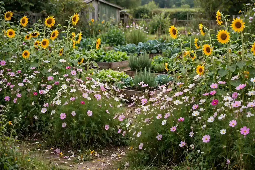 Vegetable beds hidden behind a tall flower border.