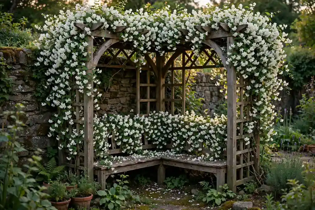Wooden arbor seat covered in white jasmine flowers.