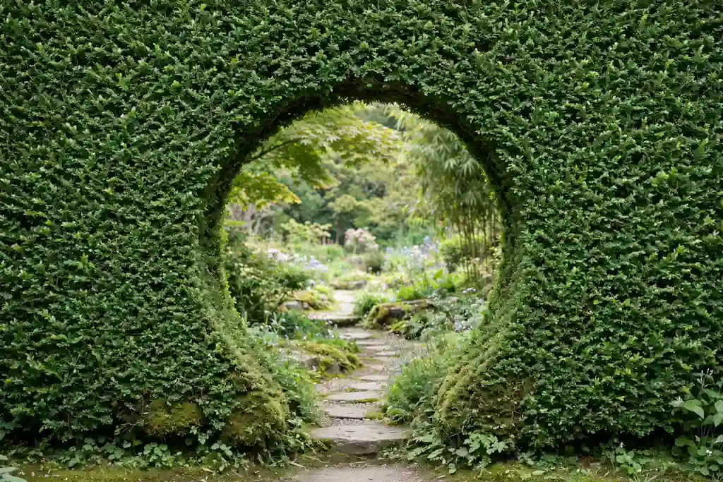 Round moon gate opening in a tall green hedge with a path beyond.