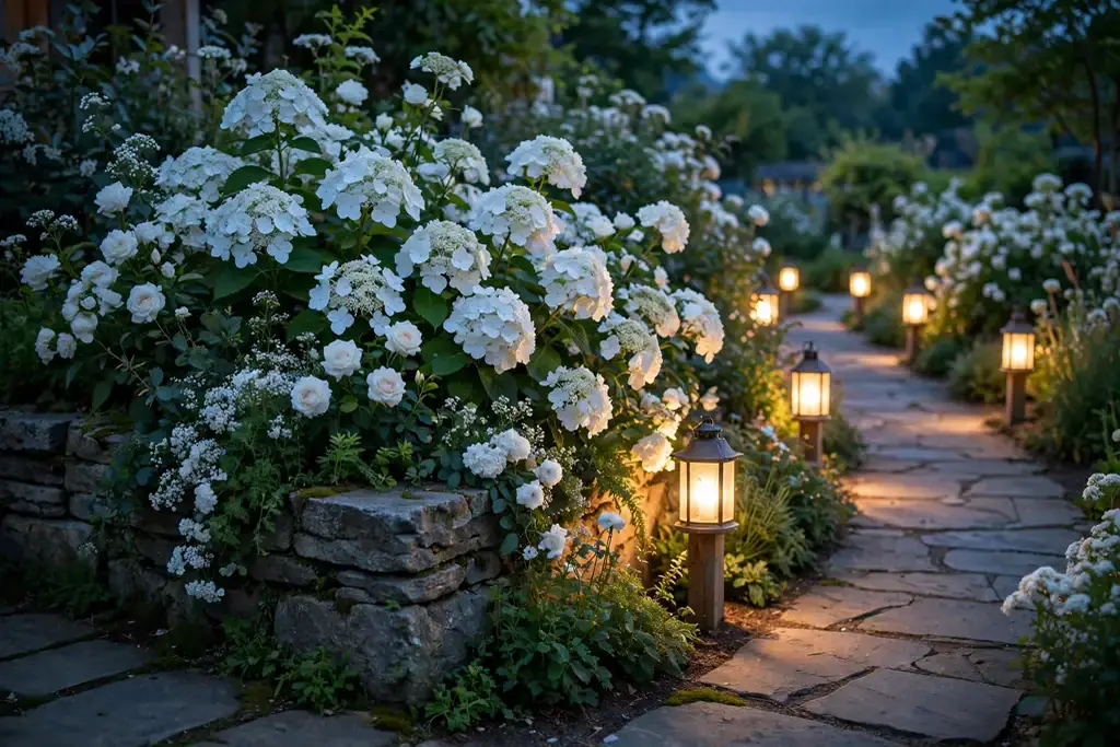 White flower garden corner glowing in evening light with lanterns.