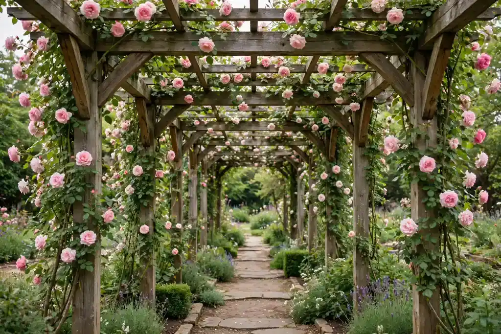 Pergola walkway covered in climbing roses over a garden path.
