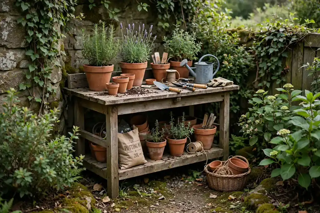 Potting bench in a sheltered garden corner with pots and tools.