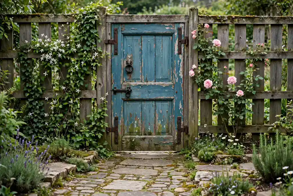 Painted old wooden door set into a garden fence with climbers beside it.