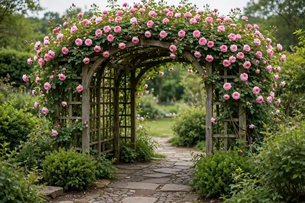 Garden arch covered in climbing roses over a stone path.